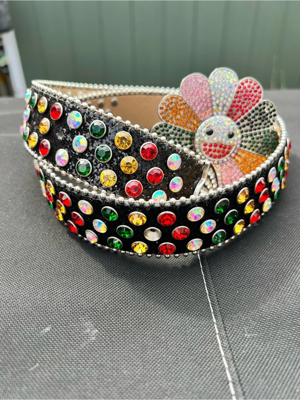 Y2K MURAKAMI FLOWER SILVER RHINESTONE GLITTER STUDDED BB BELT *1 Rhinestone Miss